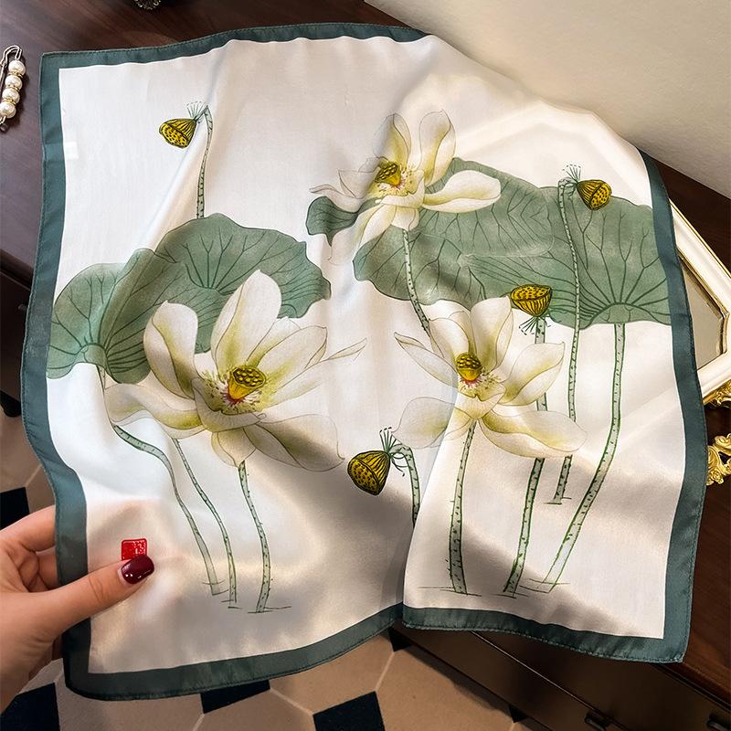 New 53 silk small silk scarf women s spring versatile fashion lotus mulberry silk scarf elegant plain crepe satin square scarf 53cm
