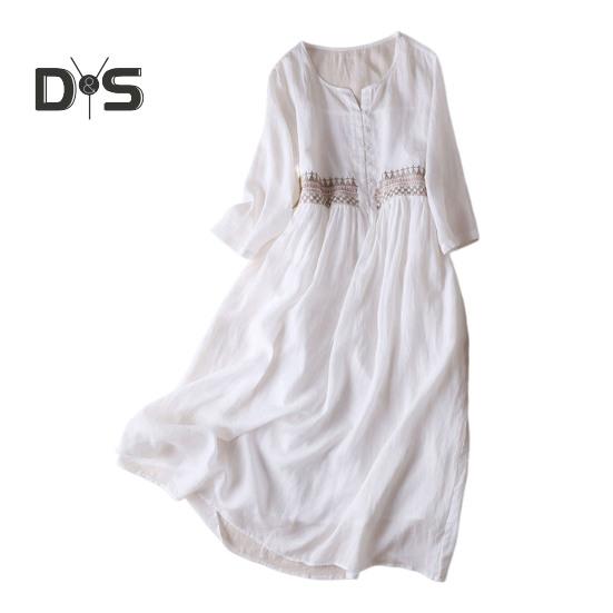 

Весеннее летнее платье с вышивкой и рукавом девятого цвета, свободное платье миди с круглым вырезом, легкое платье для офиса, летней пляжной вечеринки L белый