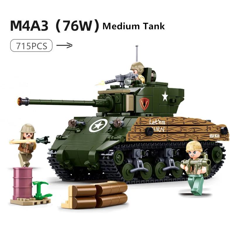 715PCS M4A3 Medium Tank Model Bricks WW2 Classic Army Armored Tank Figure Building Blocks Set DIY Toys For Chilren Gifts no box