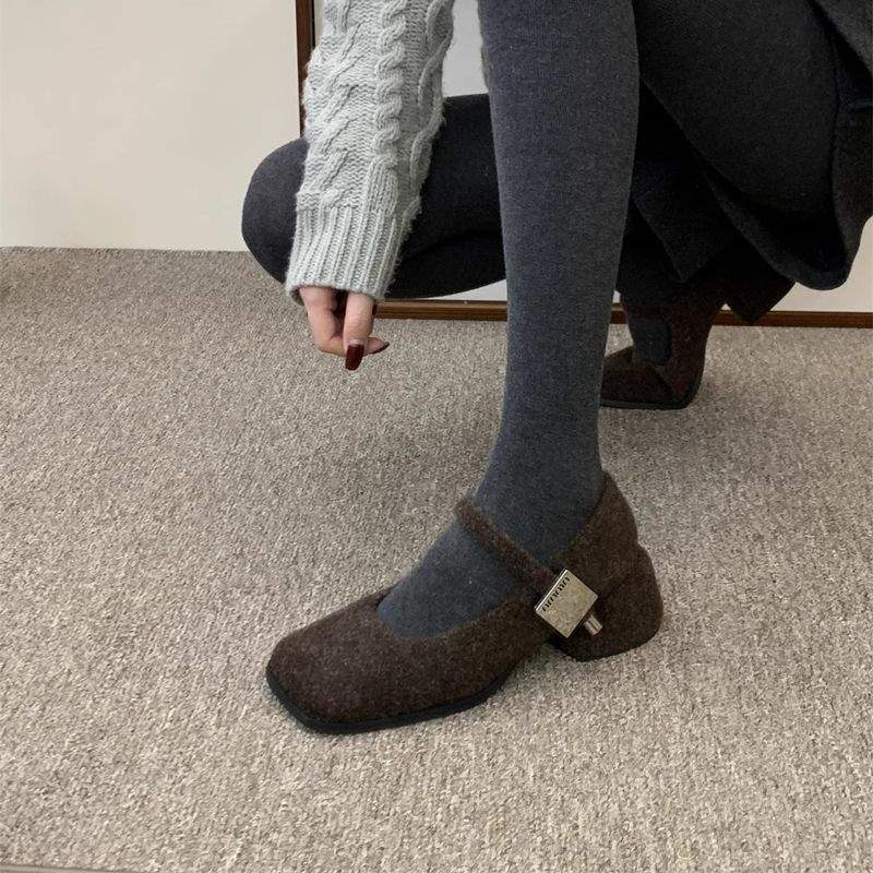 Gray Mary Jane Fluffy Shoes Women's Winter Wear New French Retro Woolen Thick Heel Single Shoes Women's Velvet High Heels