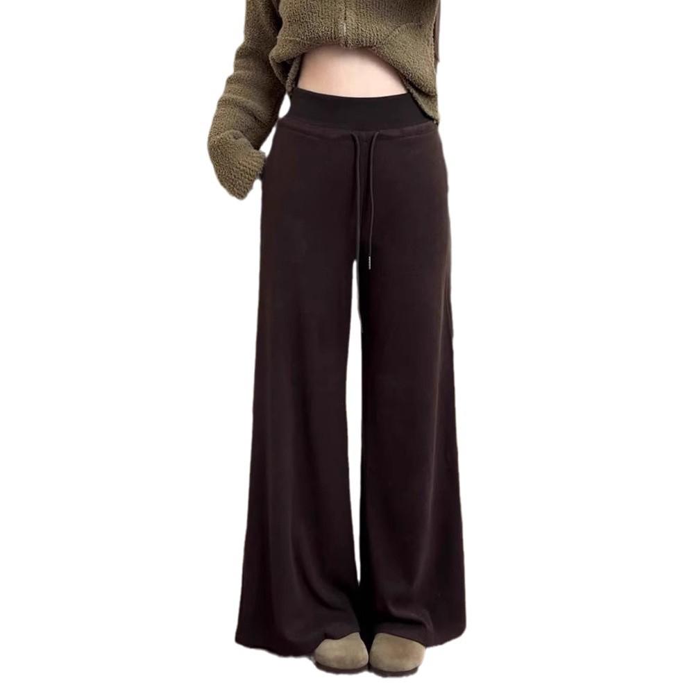 3D Waistband Coffee Drawstring Women's Knit Wide Leg Pants - Autumn/Winter Collection