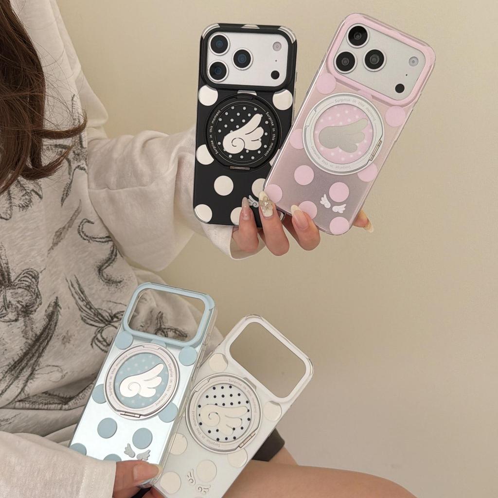 Apple 17 Pro Phone Case with Electroplated Rotating Stand, Fits 16 Pro Max/15 Pro, Polka Dot Korean Style
