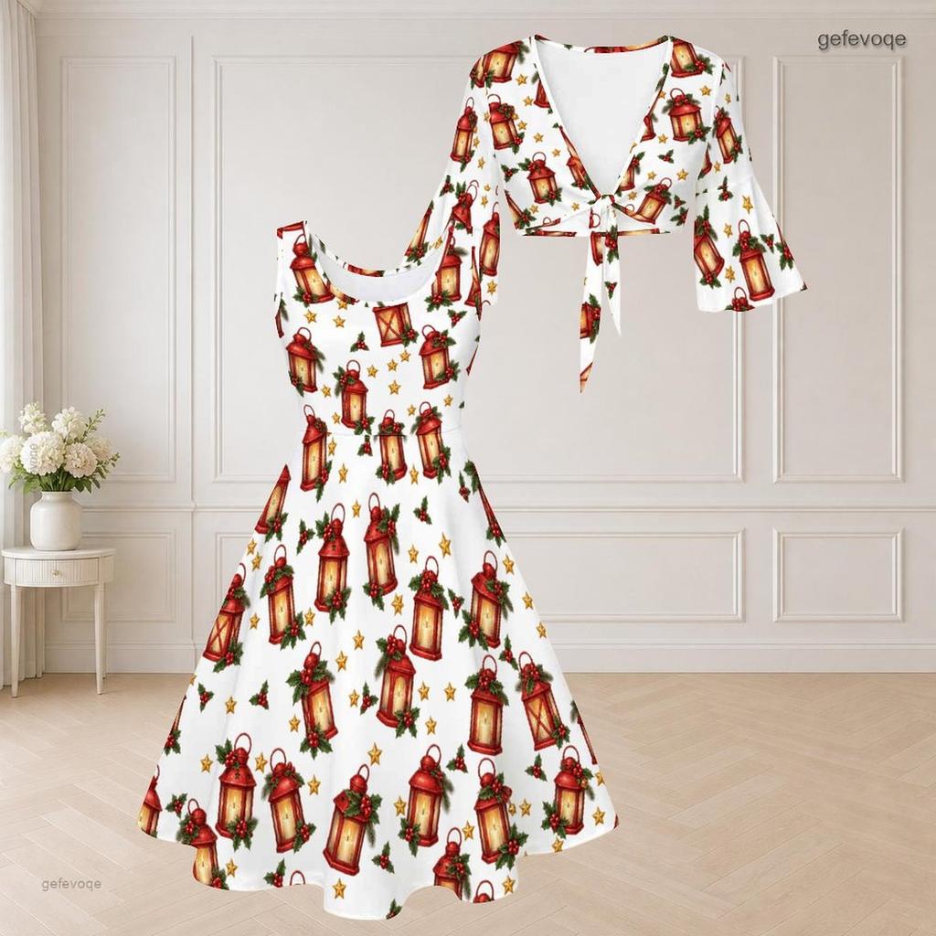 Women Plus Size Two Piece Midi Dress Set V Neck Half Sleeve Christmas Print White