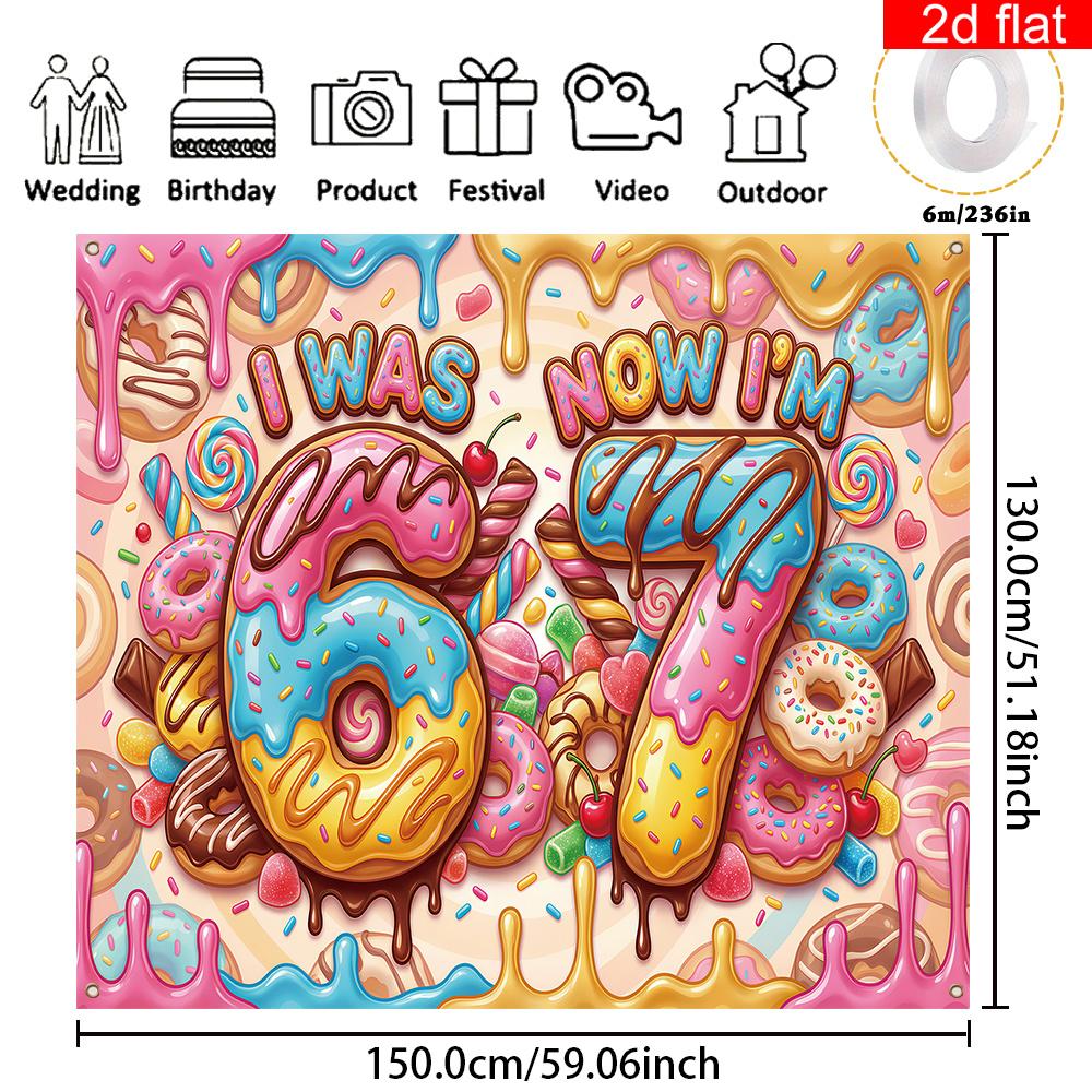1 Piece 2D Banner | Birthday Party Background, Made of Polyester, Full of Desserts - "I Was 6 Years Old, Now I'm 7 Years Old"