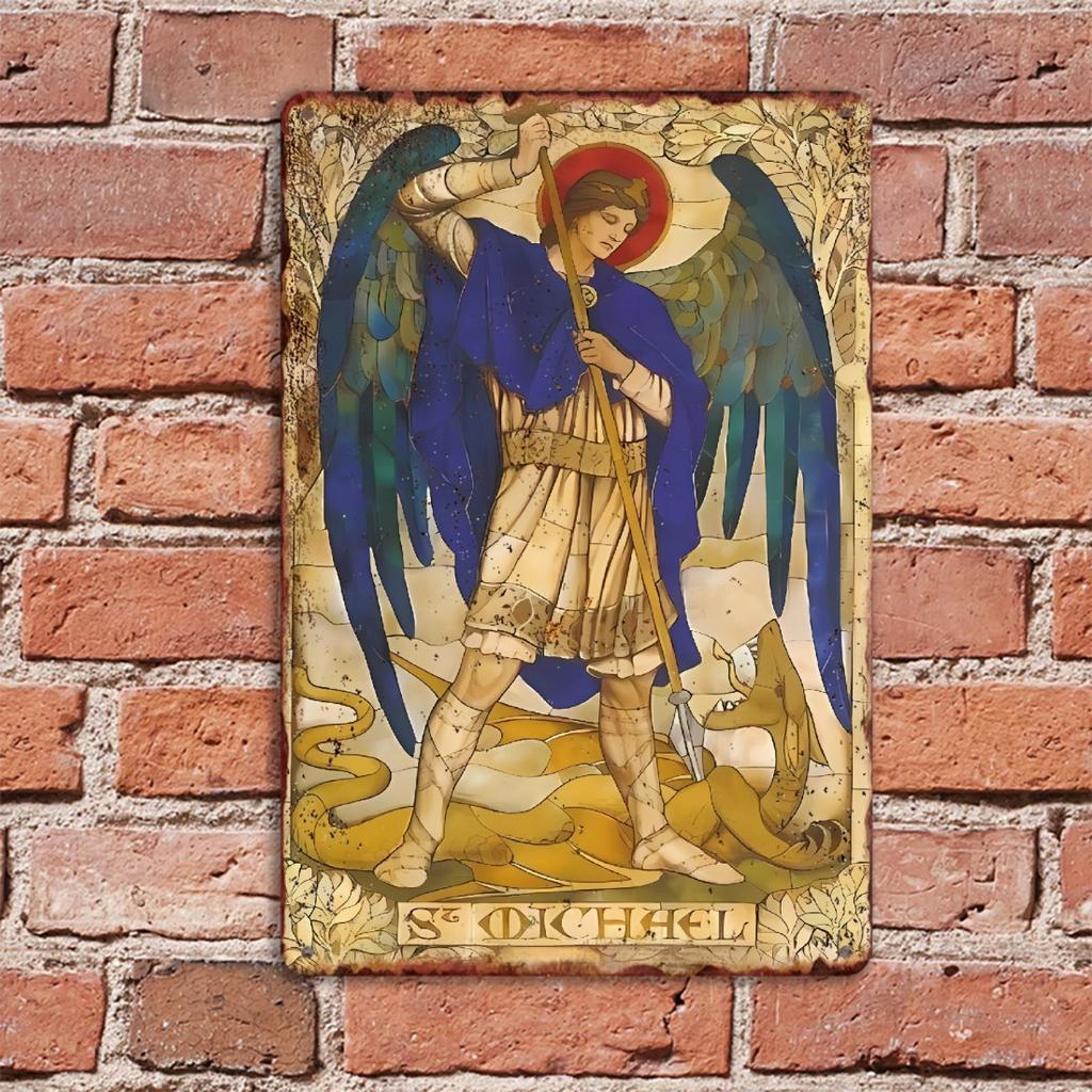 Archangel Michael Vintage Aluminum Sign, Portrait Orientation, Durable Metal Wall Art for Home