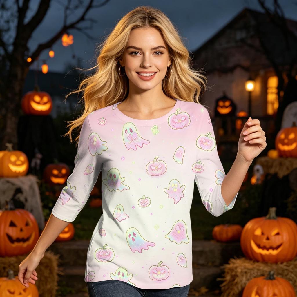 Womens Halloween Print Casual Three Quarter Sleeve Round Neck Top Lightweight Comfortable Fit Seasonal Shirt for Everyday Wear