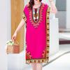 Women Dress Ethnic Style Round Neck Print Contrast Color Geometric Printing Pullover Loose Short Sleeves Midi Dress Women Clothes