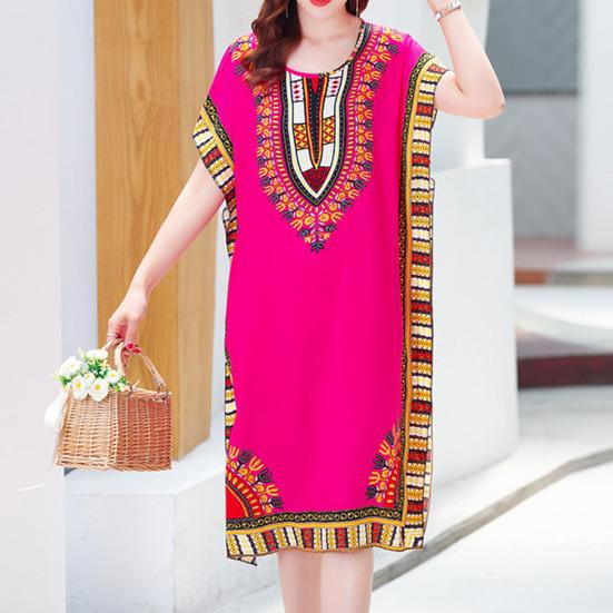 Women Dress Ethnic Style Round Neck Print Contrast Color Geometric Printing Pullover Loose Short Sleeves Midi Dress Women Clothes