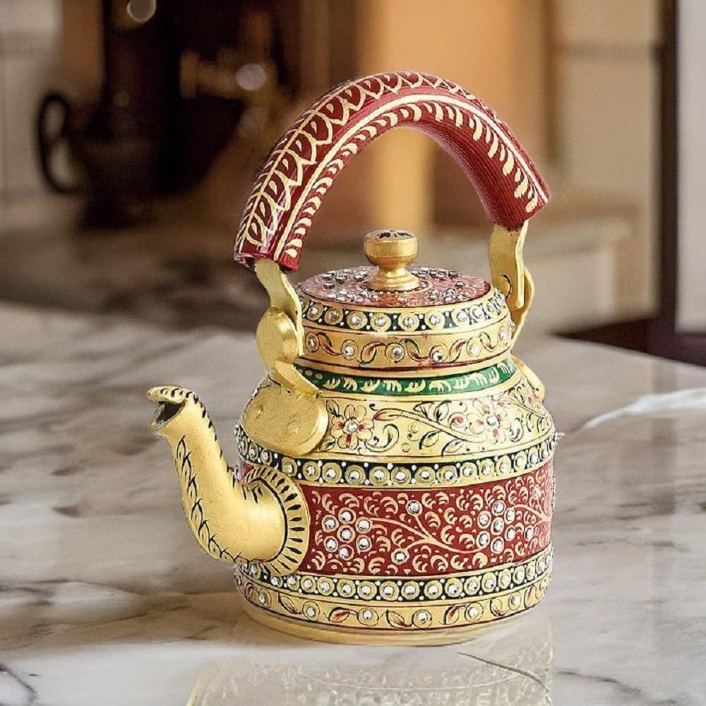 Traditional Handpainted Aluminum Kettle Tea Pot for Serving (Blue and White)