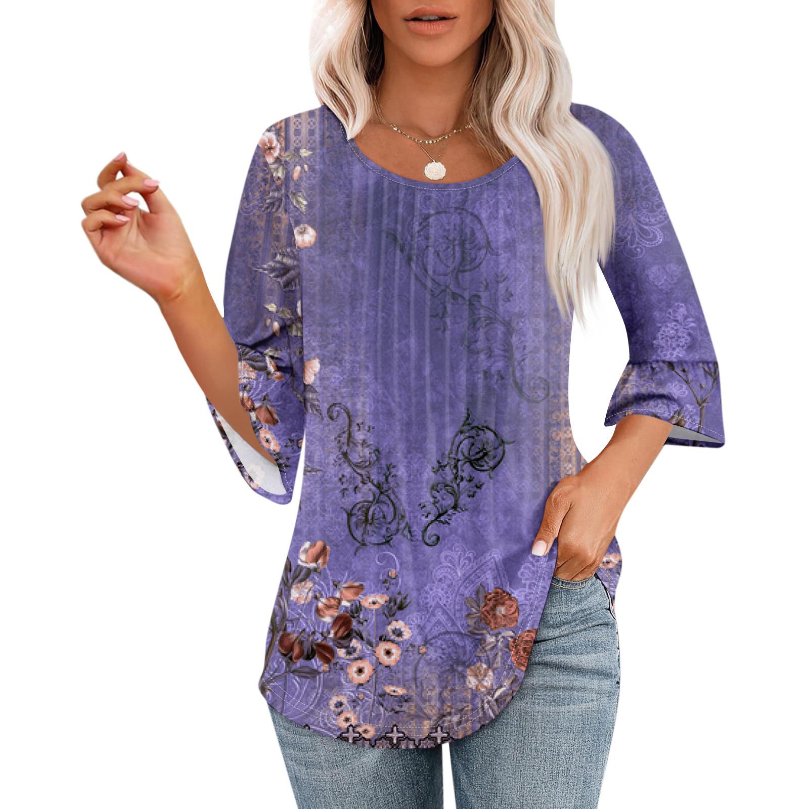 

Женские топы с рукавами-колокольчиками 3/4, летние плиссированные рубашки с круглым вырезом, модные нарядные повседневные блузки-туники свободного покроя XL фиолетовый