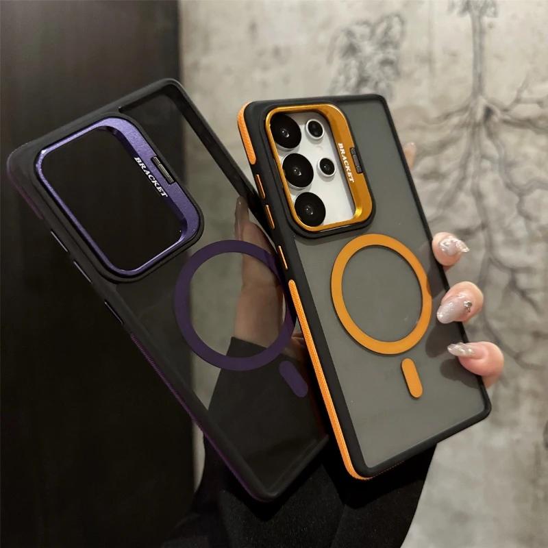 For Magsafe Magnetic Metal Lens Protection Stand Case For  Galaxy Samsung S25 S24 S23  S22 Ultra Plus FE Shockproof Cover Bumper