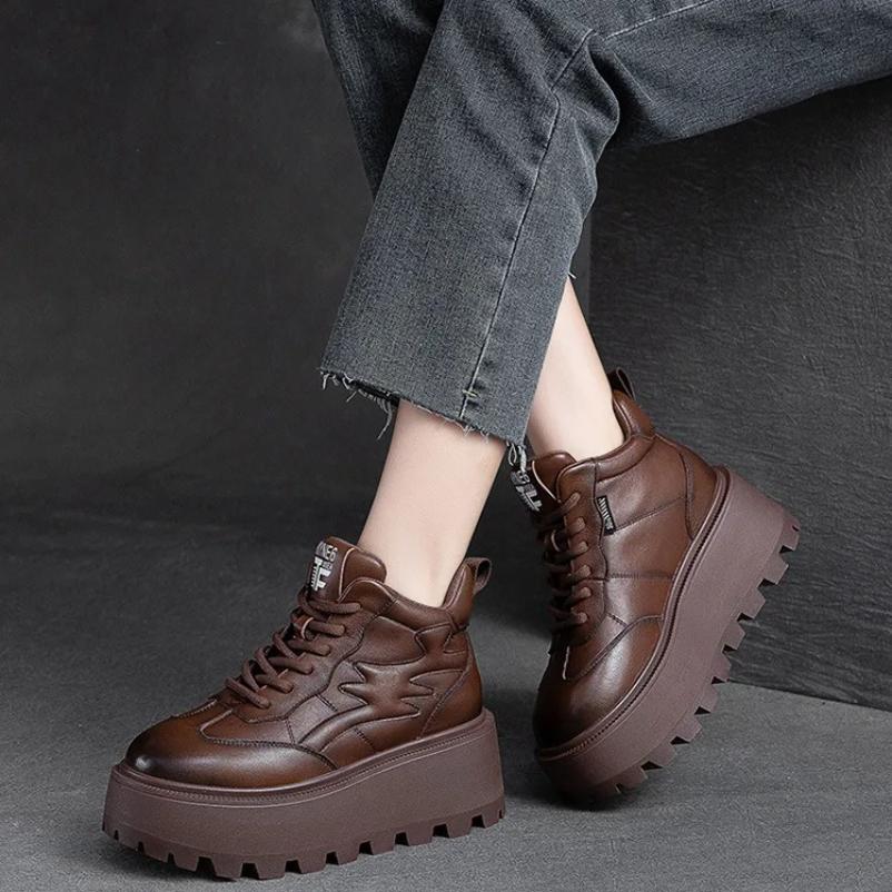 

Lofers for Women 7cm Retro Genuine Leather Ankle Boots British Autumn Winter Plush Moccasins Rubber Soled Flats Shoes 40