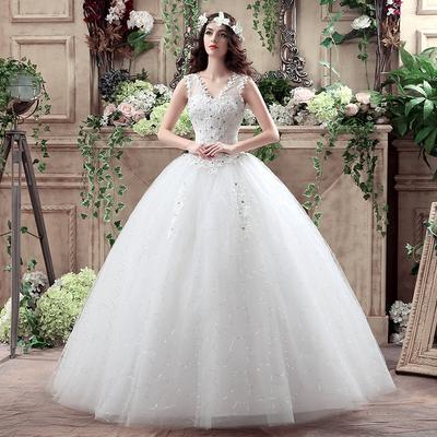 Frauen Geraffte Pailletten Lace Up Weiß Big Swing Brautkleider
