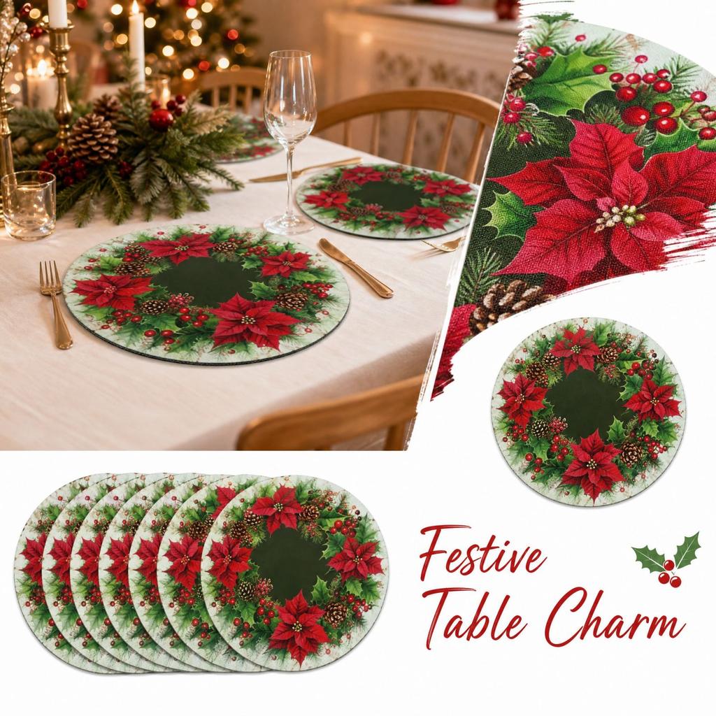 Set of 4 Round Christmas Placemats Printed Heat Holiday Table Mats for Dining Room Decor