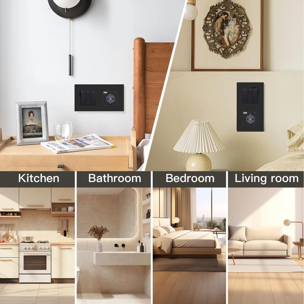 BSEED 1/2/3Gang Mechanical Button Switches 2Way For Stairs Plus EU Sockets USB Type-c Power Ports Matte Plastic Frames Black