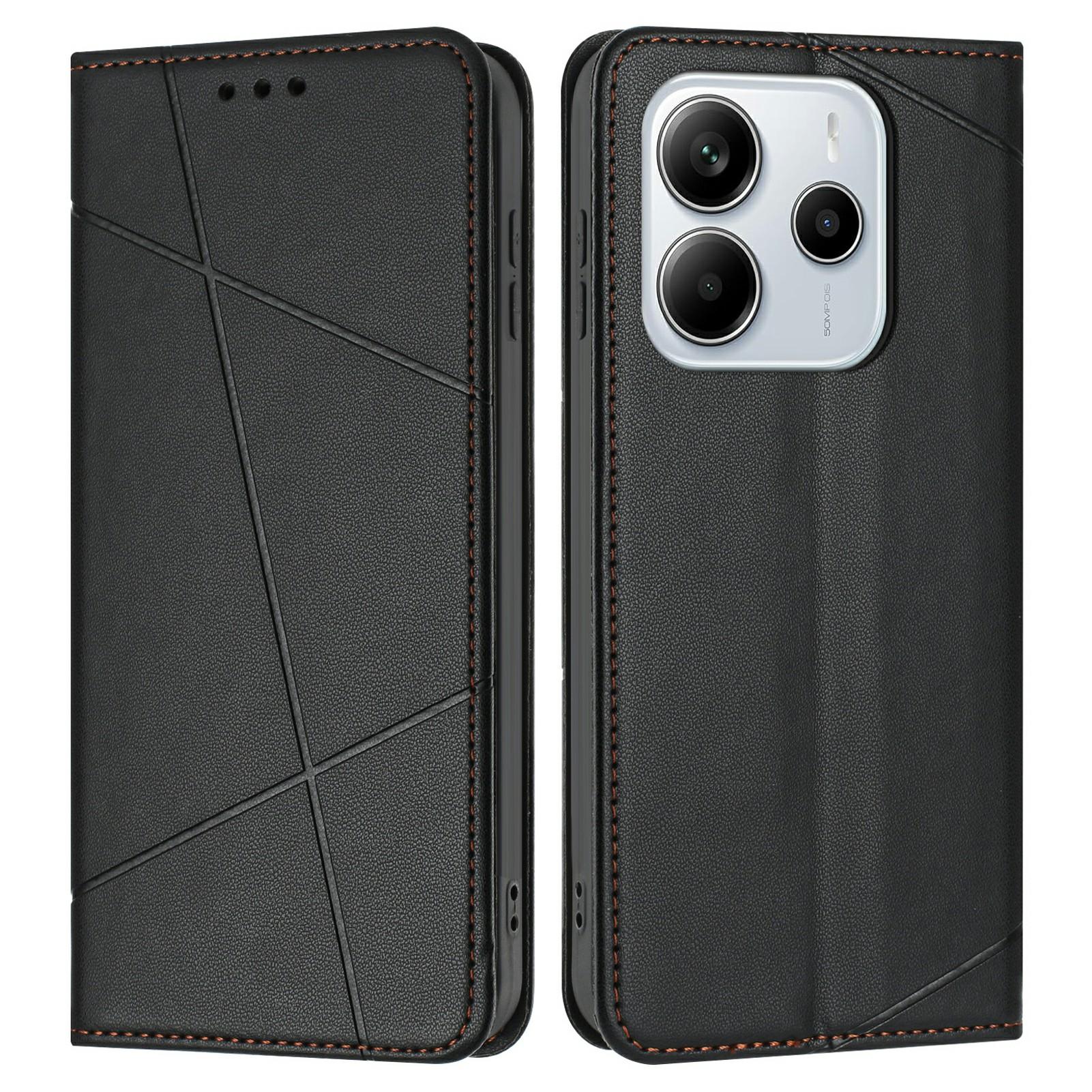 

For Xiaomi Redmi Note 14 5G Wallet Case Line Imprinted Leather Stand Phone Cover with Wrist Strap Black