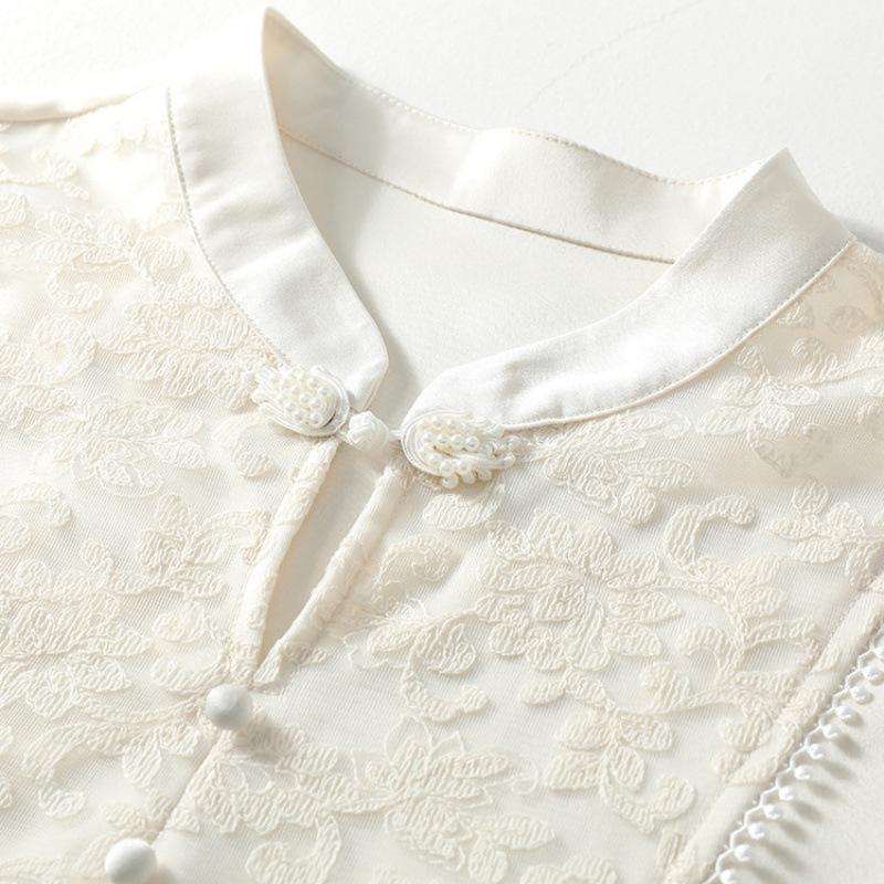 Elegant 2025 Spring Chiffon Blouse with Traditional Chinese Frog Button and Heavy Embroidery for Women