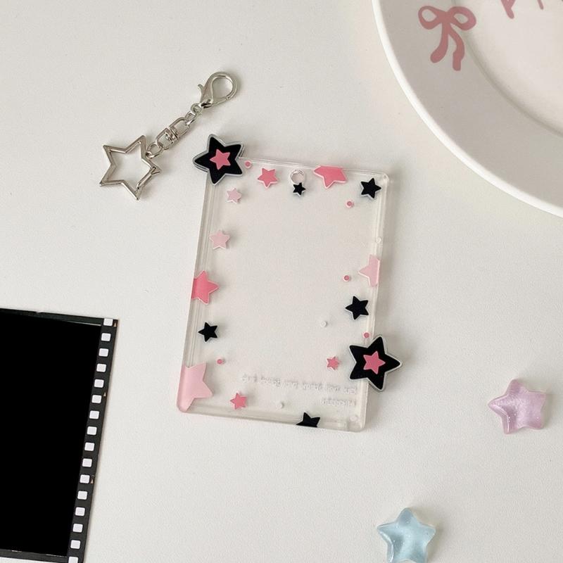 Star Print Photo Card Case with Keychain Clip 3Inch Photo Protectors Waterproof Acrylic Card Covers for Badges Photos