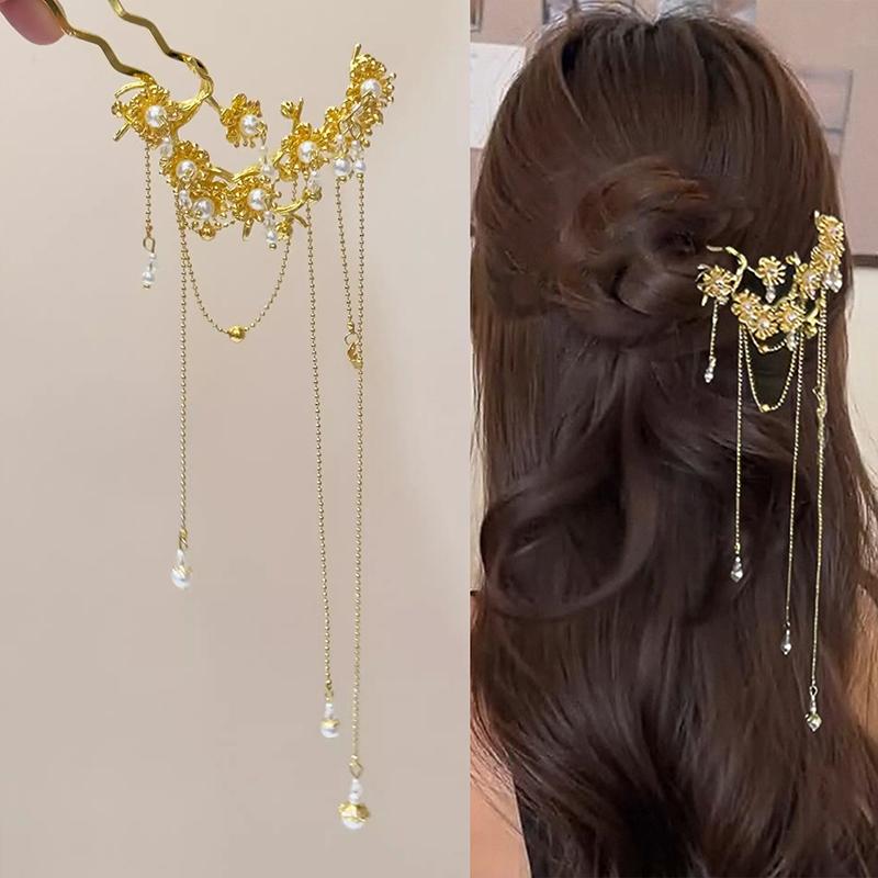 Chinese Hanfu Hair Accessories For Women Floral Tassel Hair Forks Traditional Bride Hairpin Vintage Headdress