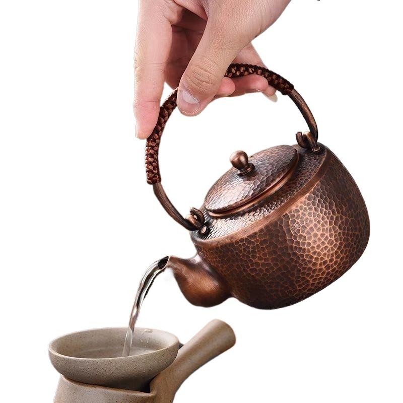 450Ml Pure Copper Teapot Pure Handmade Small Boiling Kettle Lifting Beam Teapot Vintage Health Tea Infuser Kung Fu Tea Set