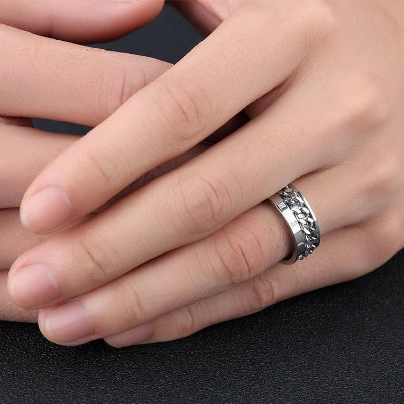 Men's Titanium Steel Rotatable Chain Ring with Embossed Pattern and Built-in Bottle Opener