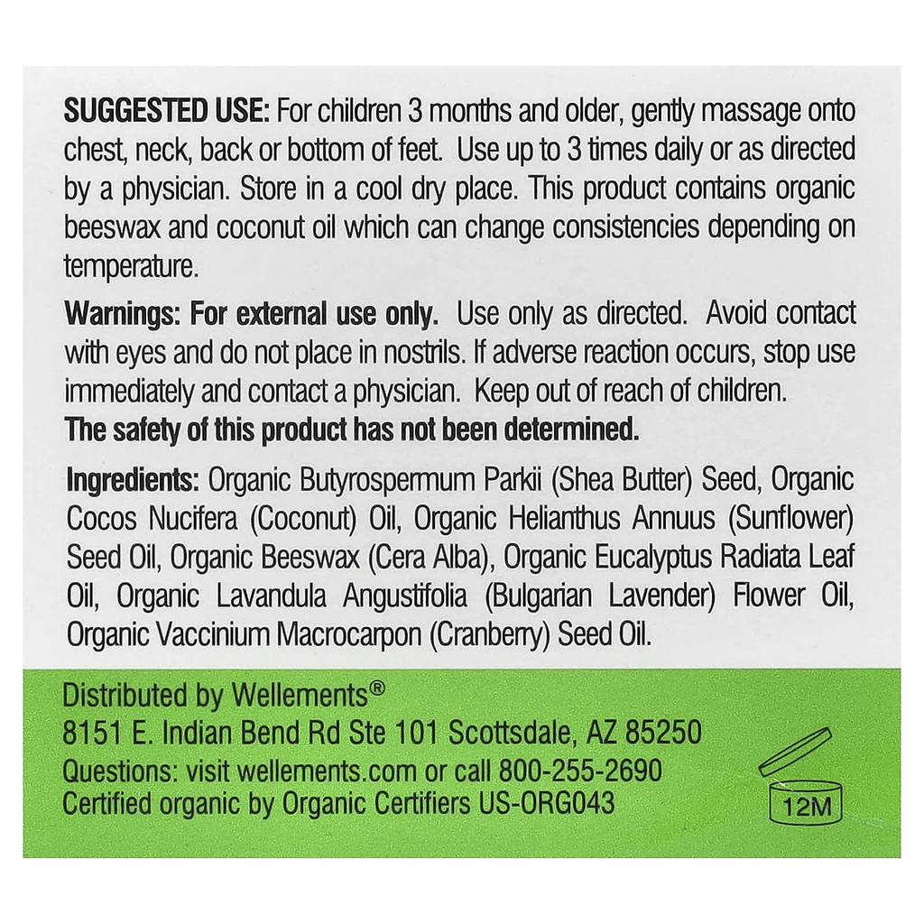 Wellements Organic Breast and Foot Rub, 3 months and older, Soothing Eucalyptus and Lavender, 51g (1.8oz)
