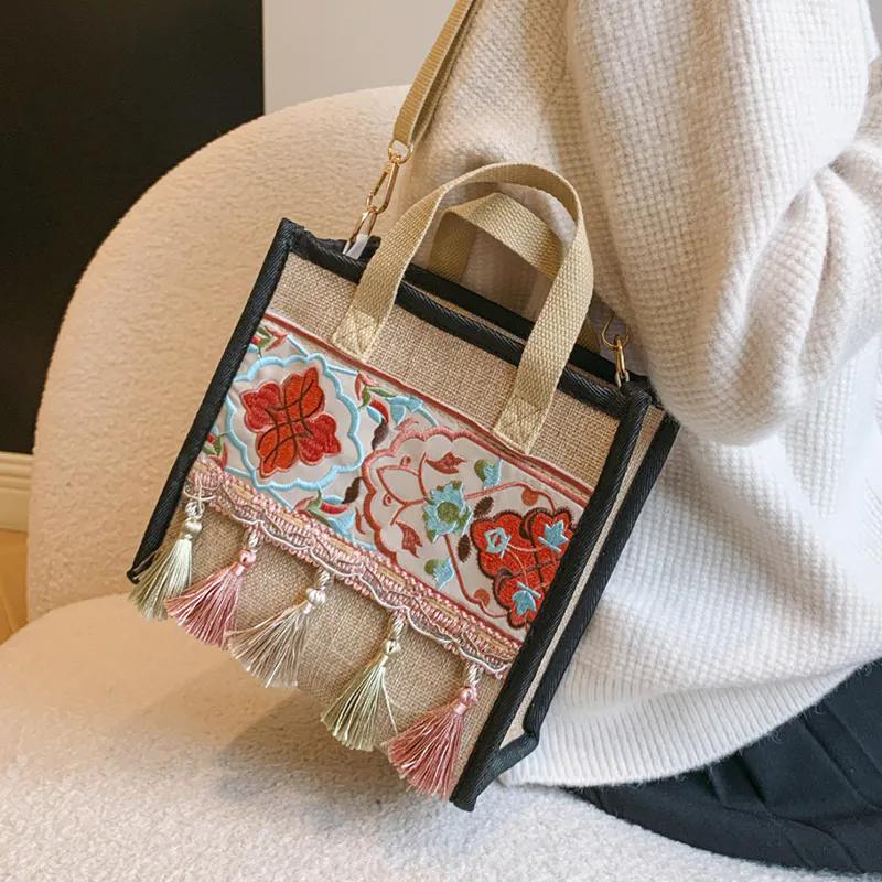 WTEMPO Ethnic Style Casual Versatile Hemp Strap Bags Women's Zipper Crossbody Bags Tassel Singer Shoulder Bags
