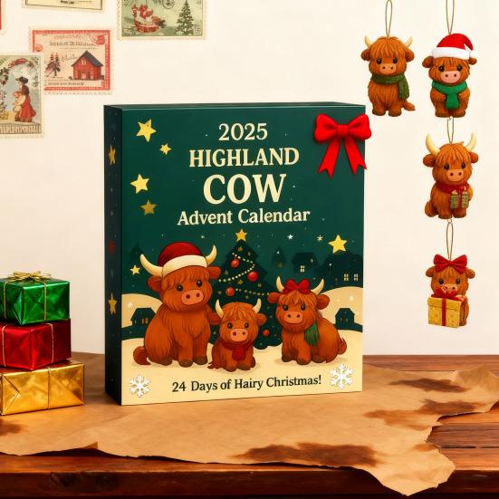 Yousheng Highland Cow Advent Calendar 2025 Cute Highland Cow Ornaments 24-Day Christmas Countdown Surprise Gifts for Christmas Tree Home Decor