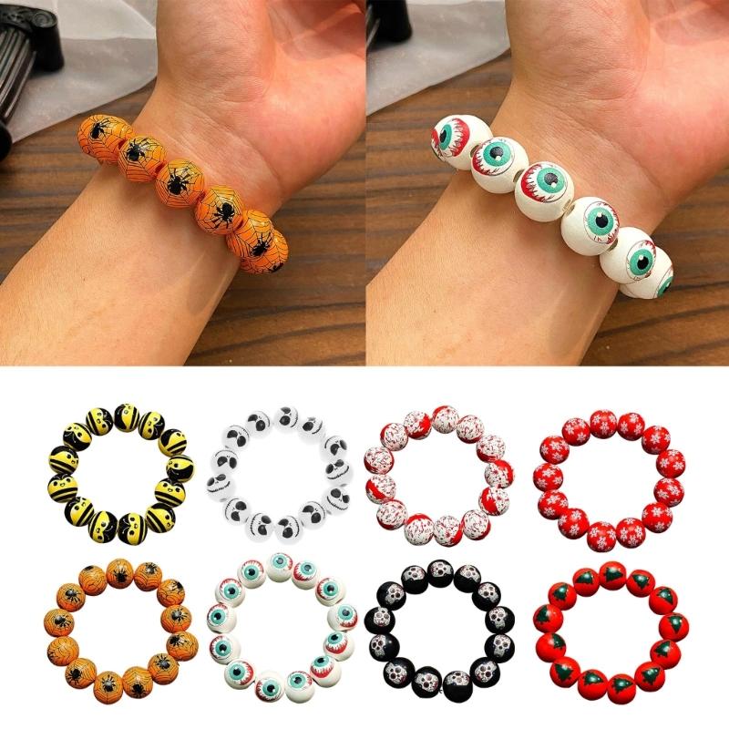 Trendy Halloween Charm Bangle Wood Beaded Bracelet Unique Skeleton Eye Blood Drops Pumpkin Design Hand Chain for Women