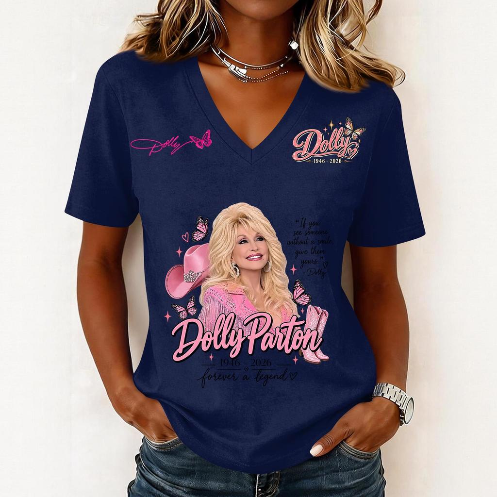 Women's Trendy Casual V-Neck Short Sleeve Letter Print Pullover Top for Everyday Wear