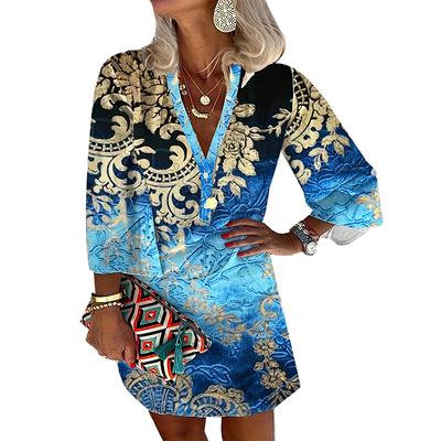 Spring and Autumn Women's V-Neck Printed Long Sleeve Dress