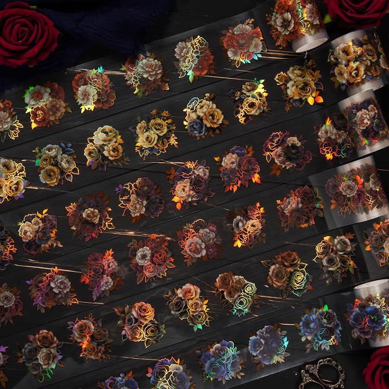 Neko Sennin Masking Set of 6 DIY Christmas Planner Floral Miscellaneous Gold Leaf Tape, Rolls, PET, Gift, Decoration, Transparent, Material, Print,