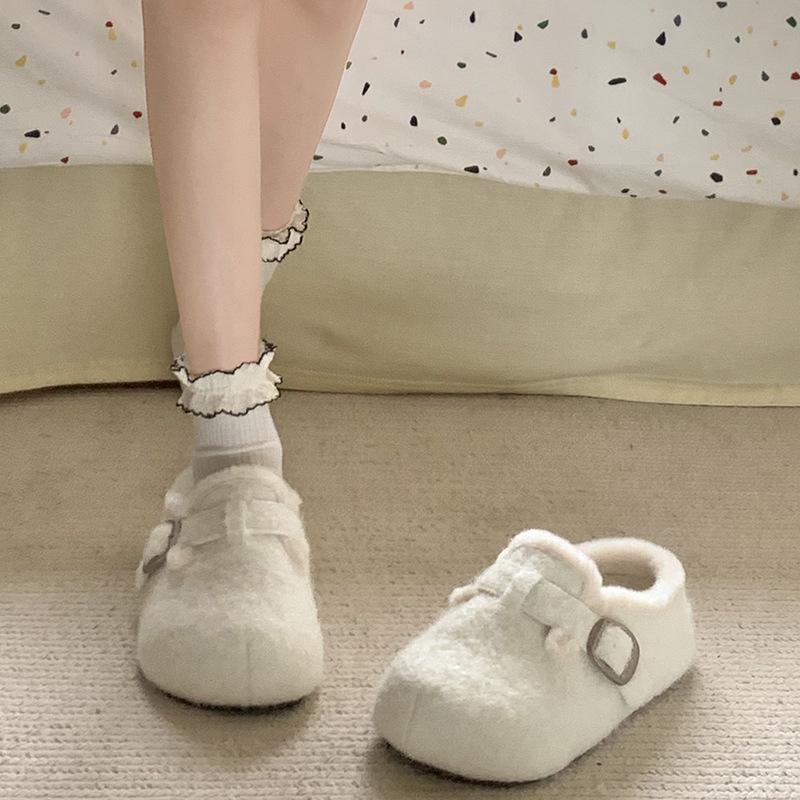 

Warm flat-bottomed temperament one-pedal Birkenstocks thickened sub white fashionable winter cotton shoes women s new velvet 2024 35