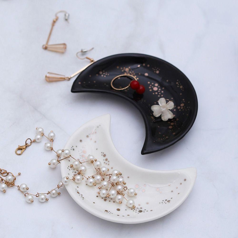 Multipurpose Ceramic Moon Shape Jewelry Dish Minimalist Simple Jewelry Storage Plate INS Smooth Bracelets Organizer Room Decor