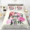 Flower Polyester Duvet Cover Set Pink Red Flowers Romantic with Inspired Sentence King Queen Twin Full Size for Kids Girl Teen