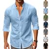 Camicia Casual da Uomo Taglie Forti a Manica Lunga con Collo alla Coreana in Lino con Bottoni