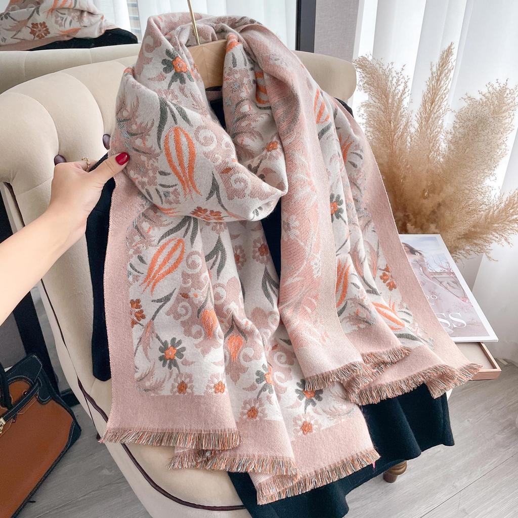 Scarf Women'S Winter Fashion Thickened Imitation Cashmere Student Scarf Neck Protection Warm Shawl Double-Sided Printing