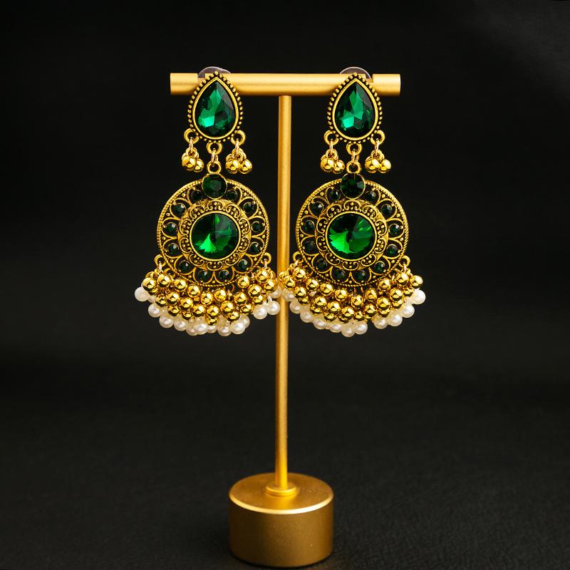 Emerald Earrings, High-End Luxury Diamond-Set Fringed Earrings, Retro Literary Round Earrings.