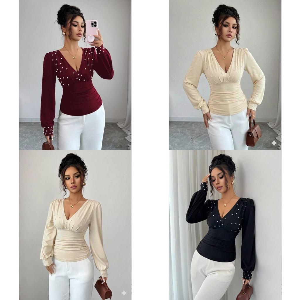 Elegant Long Sleeve T Shirt With Pearl Embellishments For Office Wear