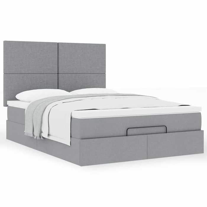 Cadre de lit ottoman - 140x190 cm - Matelas inclus - Rangement sous le lit - Tissu gris clair