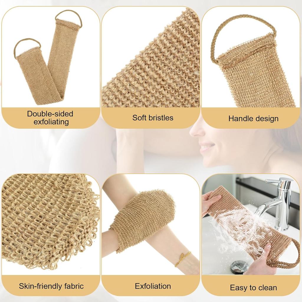 100% Natural Exfoliating Hemp Back Scrubber  Bath & Shower Body Brush Scrubber with Handle