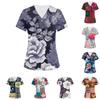 Damen V-Ausschnitt Drei-Taschen Kurzarm Retro-Print Uniform/Pflegekraft Oberteil Mit Schlitzen Am Saum