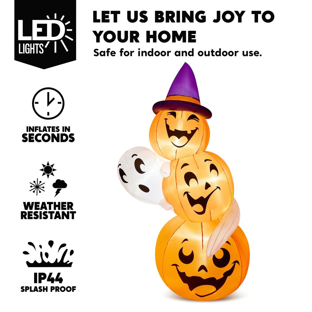 Joyfy 6 FT Stacked Pumpkins Halloween Inflatables Ghost with Build-in LEDs for Porch Halloween Pumpkin Decor Blow Up Yard