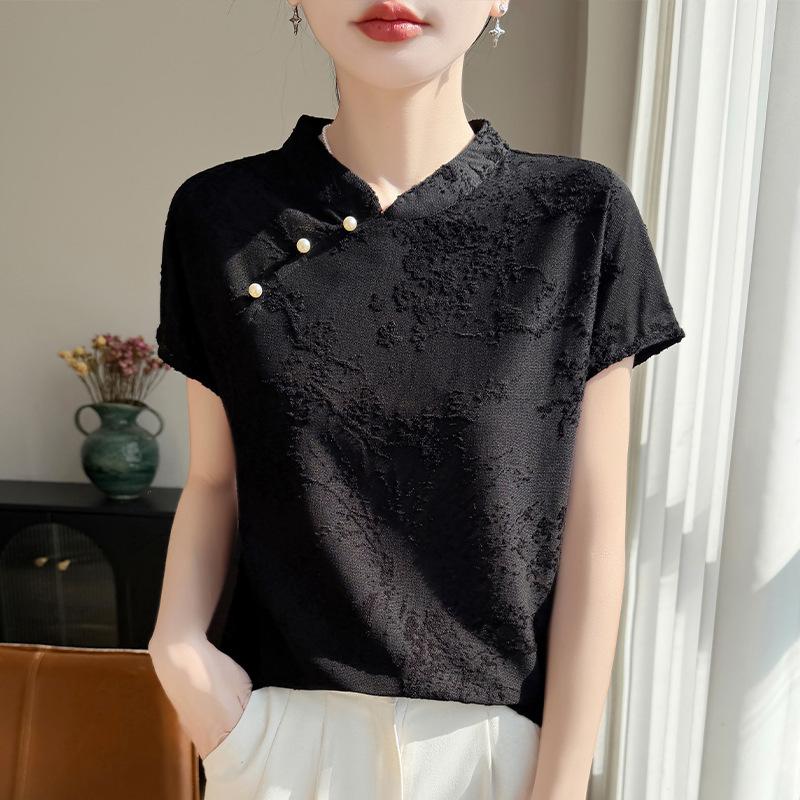 Retro Button-up Three-dimensional Jacquard Knitted Short-sleeved T-shirt for Women, Summer Lightweight Sleeveless Top