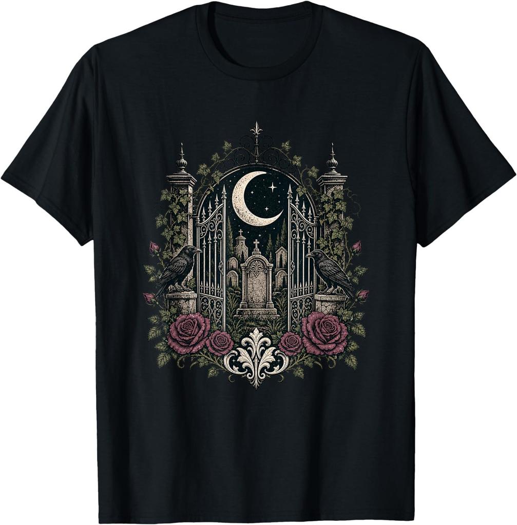 Gothic Cemetery Gate Raven Rose Design Dark Academia Moon T-Shirt