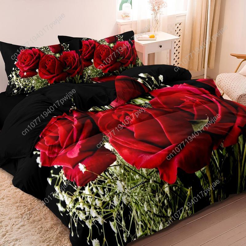 Valentine s Day?Rose Print Duvet Cover Set, 3 Counts/set Including 1 Count Duvet Cover & 2 Counts Pillowcase without Filler, Sof 75X95CM