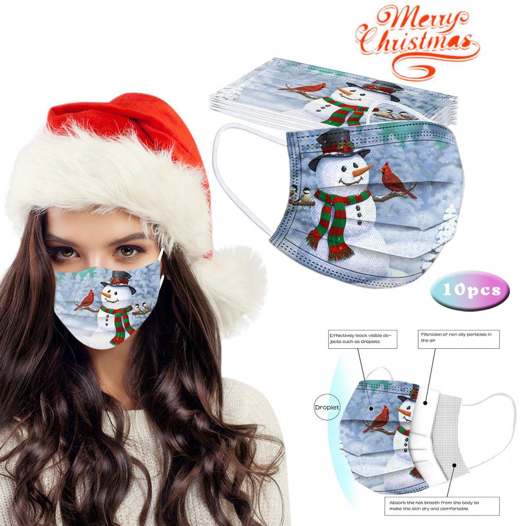 10pc Christmas Print  for  Face Mask Disposable Earloop Mask