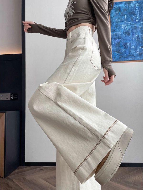 Apricot Embroidered Wide-Leg Jeans for Women - High-Waisted, Slimming, Non-Stick, Loose Fit for Spring/Autumn 2026