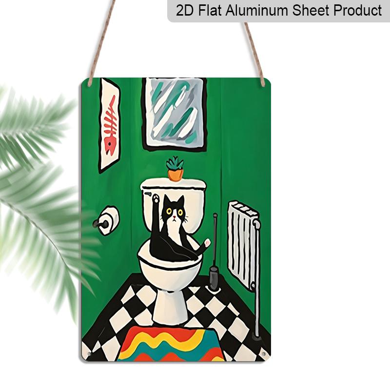 2D Flat 8×12 Inch Funny Cat In The Toilet Metal Sign - Whimsical Colorful Bathroom Wall Decor, Aluminum Hanging for Restroom, Home or Cat Lover's