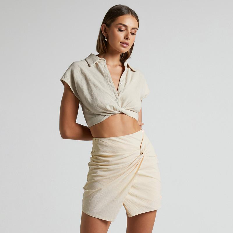 Хлопково-льняная крученая юбка с высокой талией — фото 6